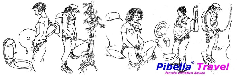 Line drawings depicting women using the Pibella FUD while sitting and standing in a car, hiking, during pregnancy, rock climb