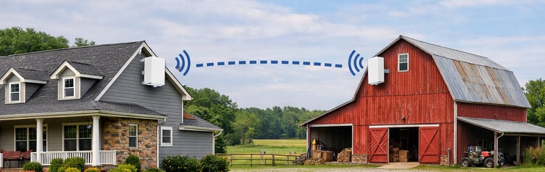 Point-to-point wireless bridge connecting a farmhouse and red barn with high-speed internet.