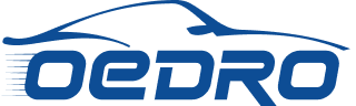 OEDRO automotive parts brand logo featuring blue stylized text and a sleek car silhouette.
