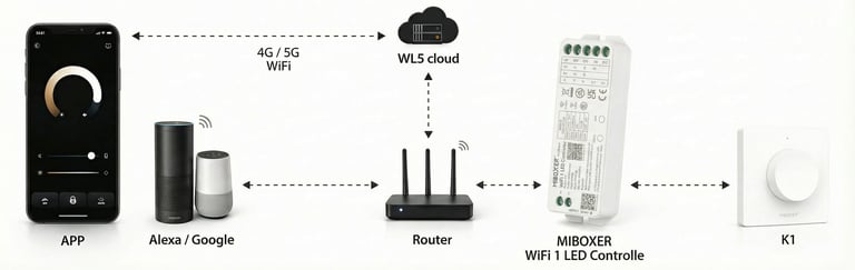 Esquema Smart: conexión entre App, Alexa, Google y controlador Miboxer WiFi.