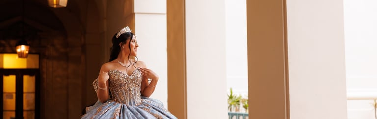 a Quinceañera  in a blue dress at Pasadena City Hall