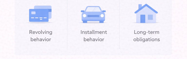 Concept: 3 labeled lanes or sections:  Revolving behavior Installment behavior Long-term obligations