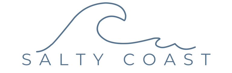 Minimalist Salty Coast logo featuring a blue ocean wave line art design above the brand name.