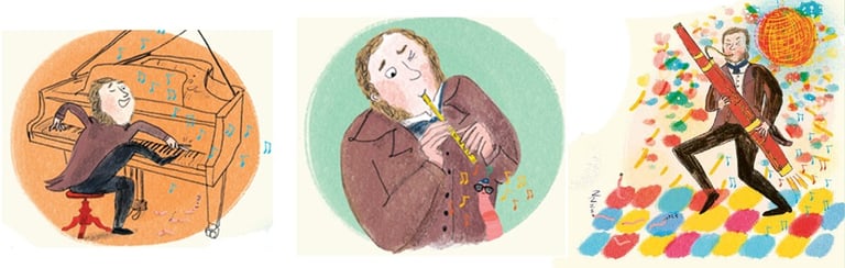 Illustration from Darwin's Super-Pooping Worm Spectacular: Darwin playing music to earthworms.