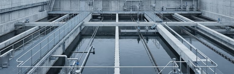 Straight-on architectural elevation of a modern concrete water treatment basin under cool overcast daylight, desaturated soft blue tones, sharp technical focus