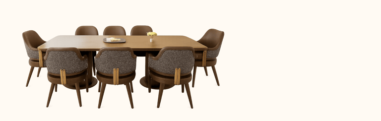 Modern walnut dining table set with brown upholstered chairs on a white background.