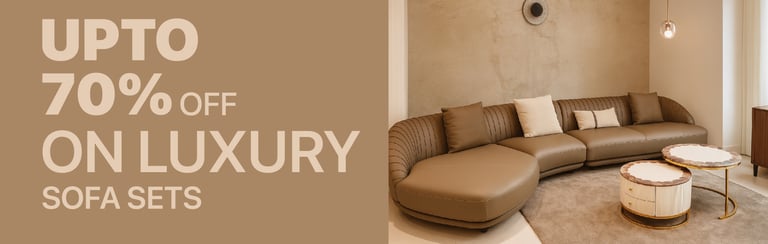 Luxury curved leather sofa set in a modern living room with 70% off sale text.