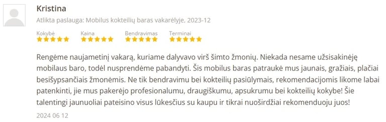 Customer testimonial for a mobile cocktail bar service with a five-star rating and positive review.
