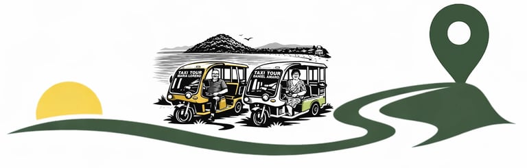 Taxi tour Licán Ray con vehículos eléctricos ilustrados, conductores locales y península de Licán Ray al fondo