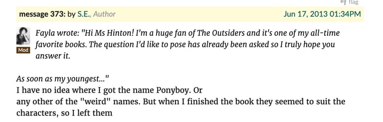SE HInton answers a question on Twitter