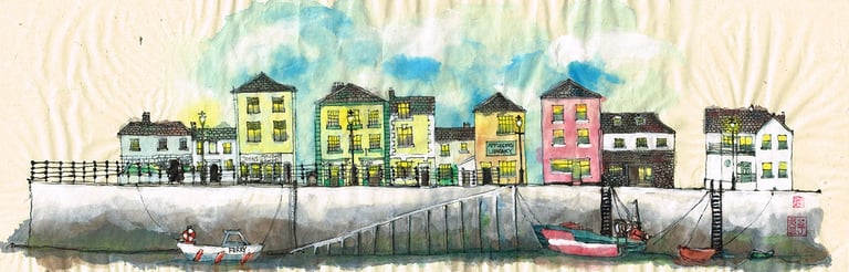 The quay, Appledore | Part 1 of 3 | mixed media on rice paper, a painting of a boat in the water