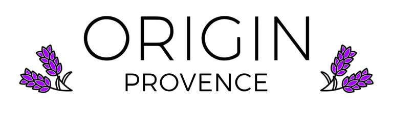Logo Origin Provence avec comme symbole deux brins de lavande, marque de bougie artisanale.
