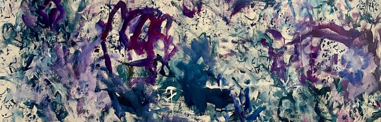 closeup image of a teal, purple and blue with tan background large painting