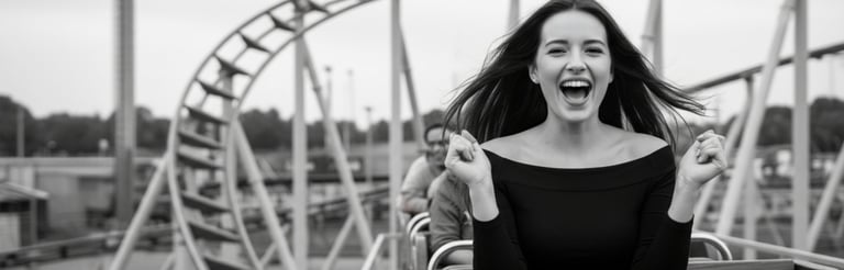 Junge Frau schreit vor Freude in Achterbahn, dynamisches Erlebnis in schwarz-weiss fotografiert
