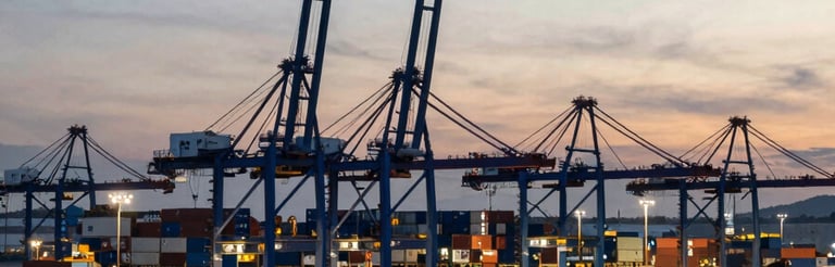 Shipping port with cranes representing global trade and business expansion