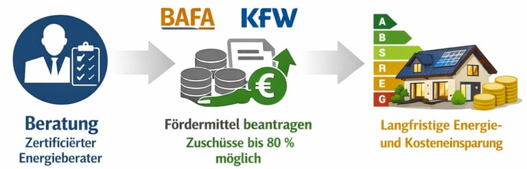 Infografik Energieberatung – Beratung, Förderung, Einsparung