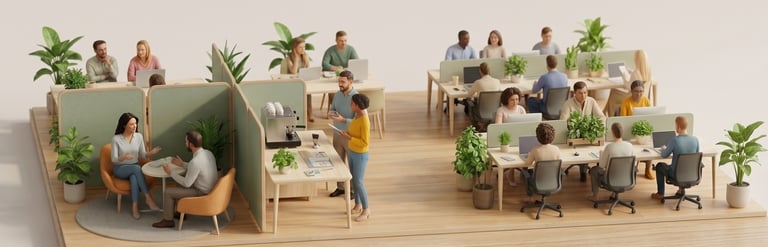 A 3D isometric illustration of a modern open-plan office with coworking spaces, ergonomic desks, and green plants.