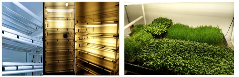 Indoor vertical farming setup featuring hydroponic trays with microgreens and wheatgrass under LED grow lights.