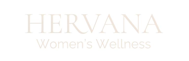HERVANA Women's Wellness logo with elegant cream typography on a black background.