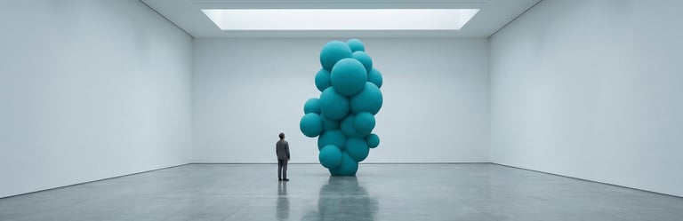 Sculpture Agathe turquoise monumentale dans espace d'exposition, murs blancs, spectateur minuscule devant la sculpture