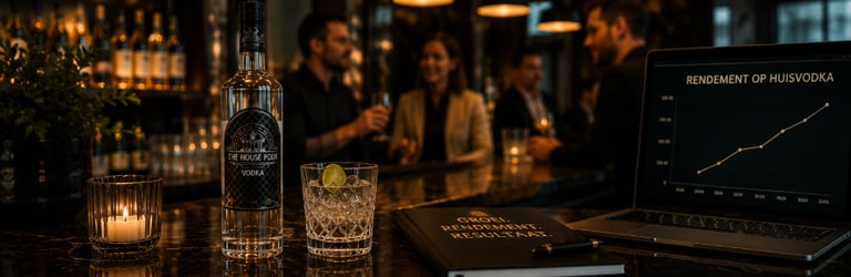 Het huis schenkt een fles wodka en een cocktail in op een bar waar een laptop met een groeigrafiek t