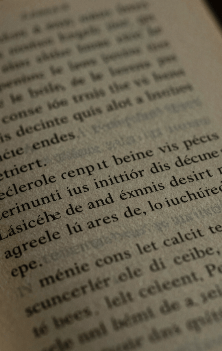 Macro shot of a printed book page in French, elegant serif typography, soft shadows, warm tactile paper texture.
