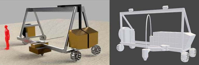 CAD images of a device that can print dwellings on Mars using gravel and sulfur.