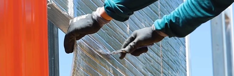 Person installing insulation on metal building