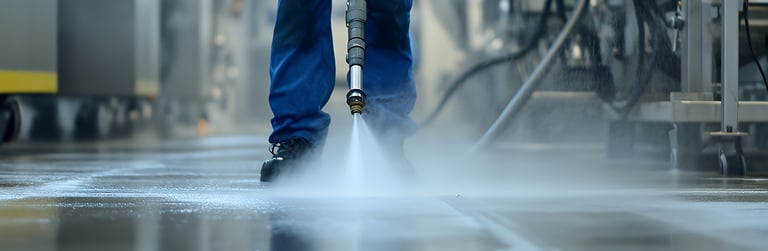 Un expert utilise un nettoyeur vapeur haute pression sur le sol d'une usine