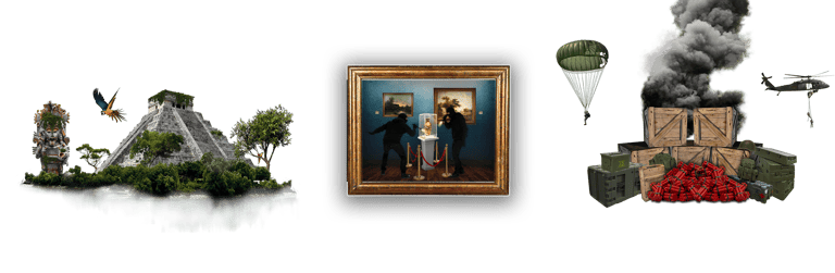 Illustration des 3 escape games : bunker, temple maya et musée 