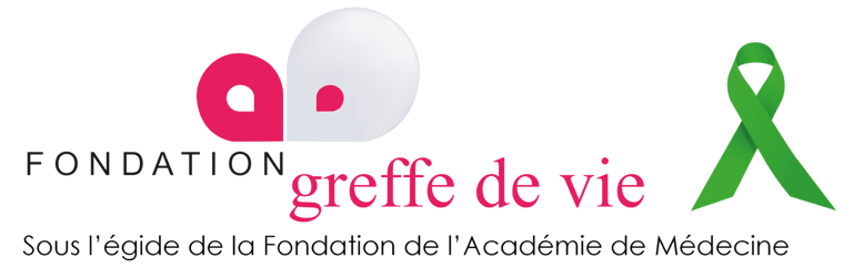 Logo of 'Fondation greffe de vie' for organ donation awareness, with pink and white lettering and a green ribbon.