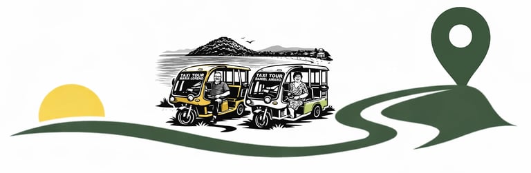 Taxi tour Licán Ray con vehículos eléctricos ilustrados, conductores locales y península de Licán Ray al fondo