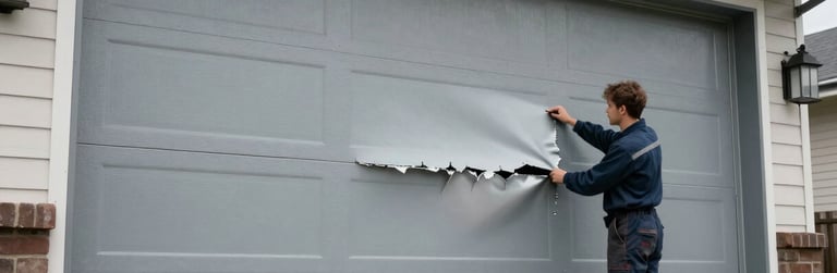 Wide exterior shot of a residential garage with one visibly dented steel panel, overcast daylight, technician standing to the side inspecting the damage from an angle, documentary framing