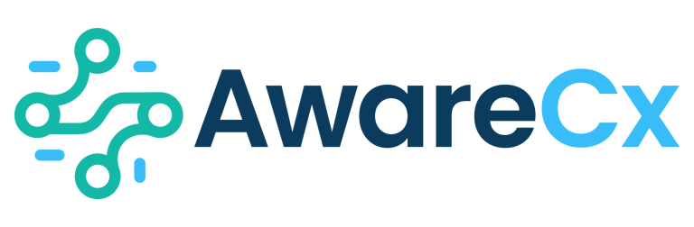 AwareCx company logo featuring a teal circuit node icon next to blue and teal sans-serif text on a black background.