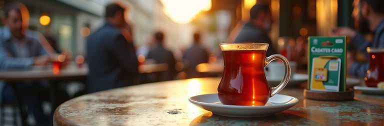 a cup of tea on a table with people in the background
