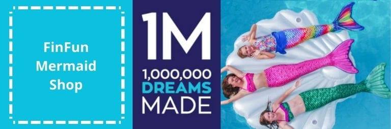 teenage girls in mermaid tails on a seashell floatie representing FinFun brand