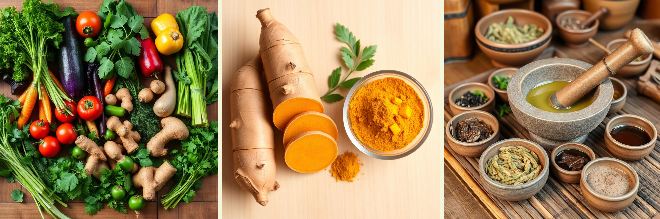 Fresh vegetables, turmeric root powder, and herbal medicine prepared with a mortar and pestle.