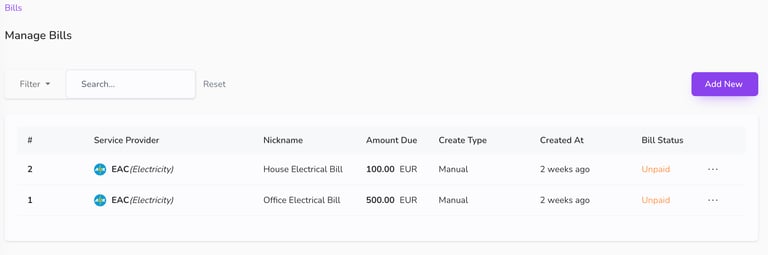 bills management created bills