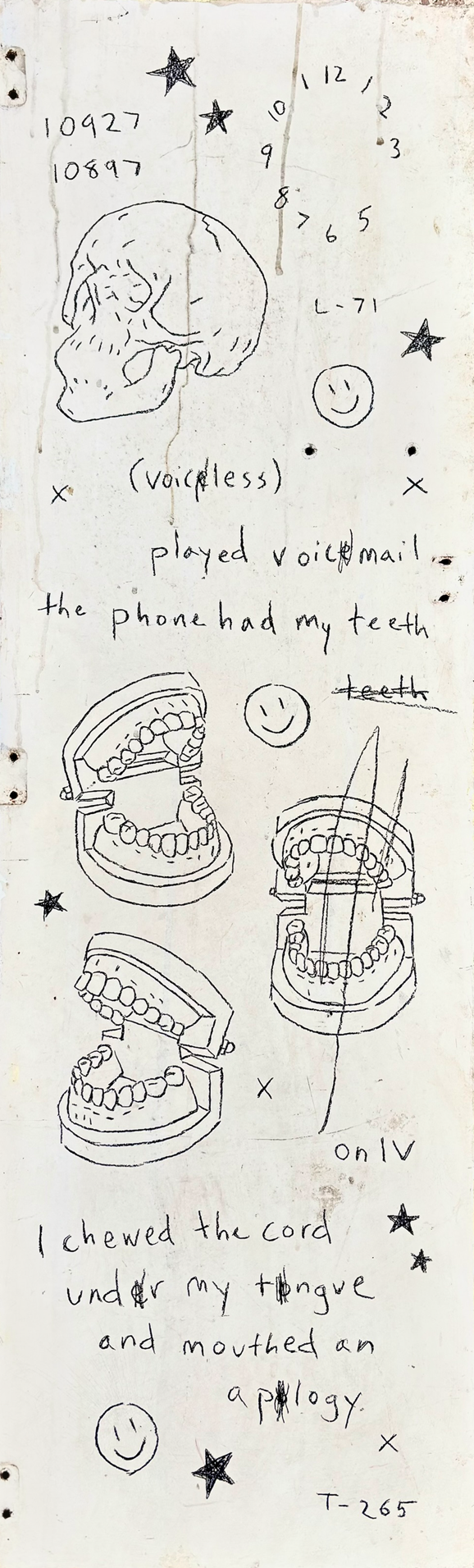 Rough painting on wooden panel of a skull dental molds smiley faces stars codes and cryptic text