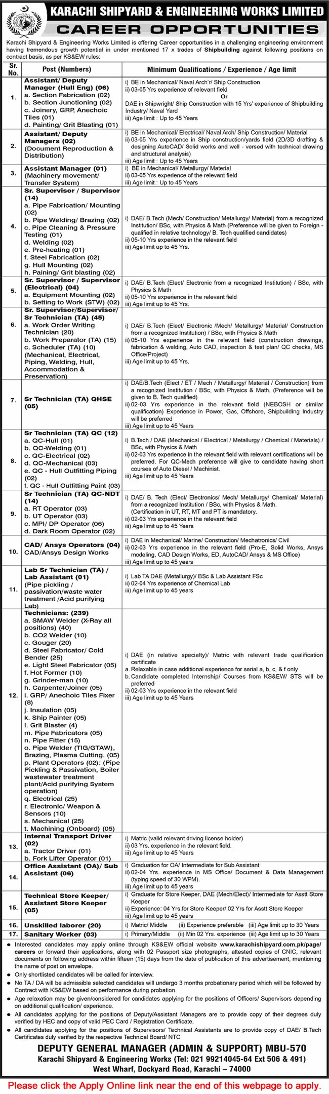 Karachi Shipyard and Engineering Works Jobs February 2026 Apply Online Technicians, Supervisors & Others KSEW Latest