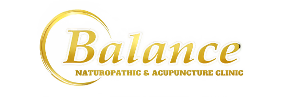 Gold Balance Naturopathic and Acupuncture Clinic logo with circular emblem on black background.