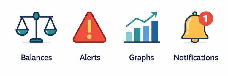 visual representation of credit monitoring showing balances alerts and score tracking icons