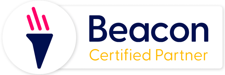 The Beacon logo. A symbol of a flaming torch in blue and red, with words Beacon Certified Partner
