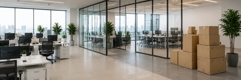 Modern open plan office interior with glass partitions, workstations, and cardboard moving boxes.