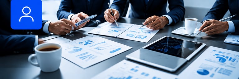 Professional business team analyzing financial data charts and digital tablets during a strategy meeting.