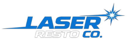 Laser Resto Co. logo featuring blue and white typography with a laser spark icon on a black background.