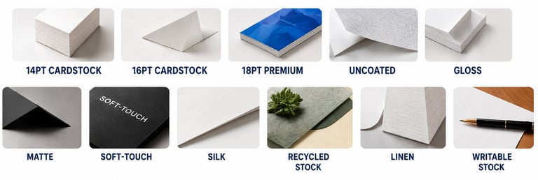 Premium paper stocks and finishes for business cards, flyers and postcards