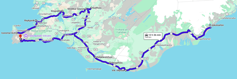Carte avec itinéraire du road trip dans le sud de l'Islande