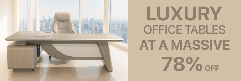 Luxury office table and leather chair in a high-rise office with a 78% off promotional text.