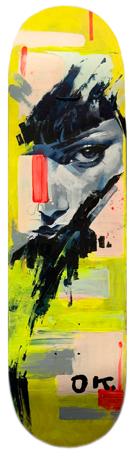 Originalgemälde "OK" – abstraktes Portrait auf Skateboard-Deck in Acryl von Sandra Meraki